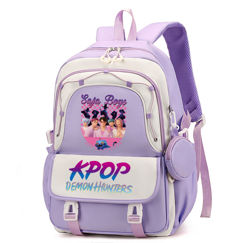 Rucsac cu imprimă grup de fete vânătoare de demoni, versiune coreeană, capac mare pentru școală, material Oxford, căptușeală nylon, închidere cu fermoar, buzunar laptop, buzunar aparat foto