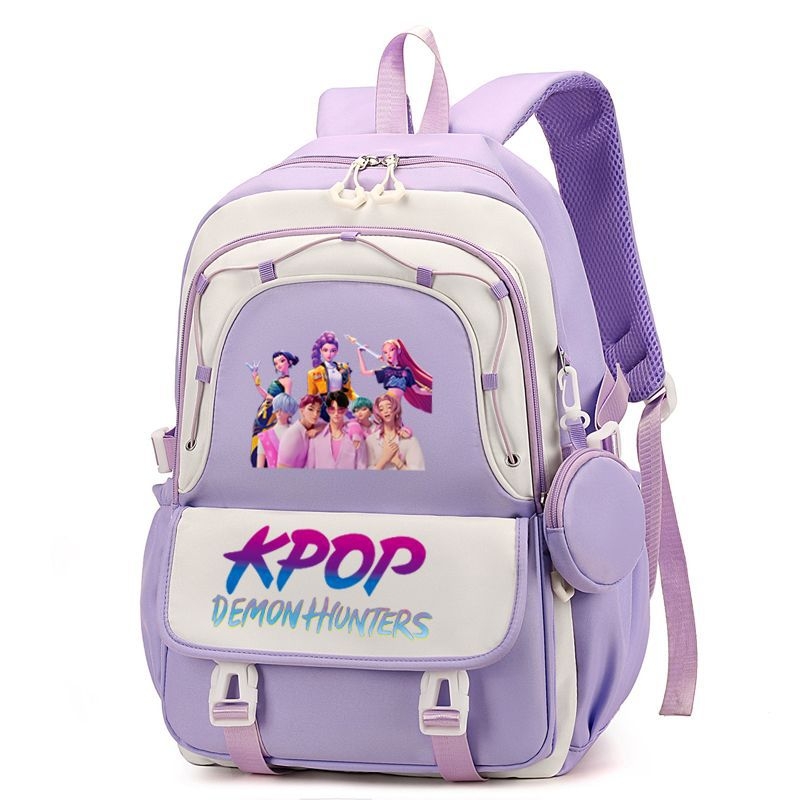 Rucsac cu imprimă grup de fete vânătoare de demoni, versiune coreeană, capac mare pentru școală, material Oxford, căptușeală nylon, închidere cu fermoar, buzunar laptop, buzunar aparat foto