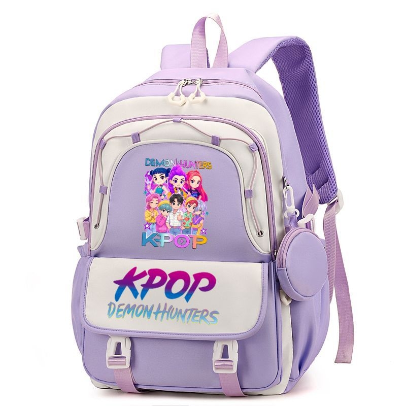 Rucsac cu imprimă grup de fete vânătoare de demoni, versiune coreeană, capac mare pentru școală, material Oxford, căptușeală nylon, închidere cu fermoar, buzunar laptop, buzunar aparat foto