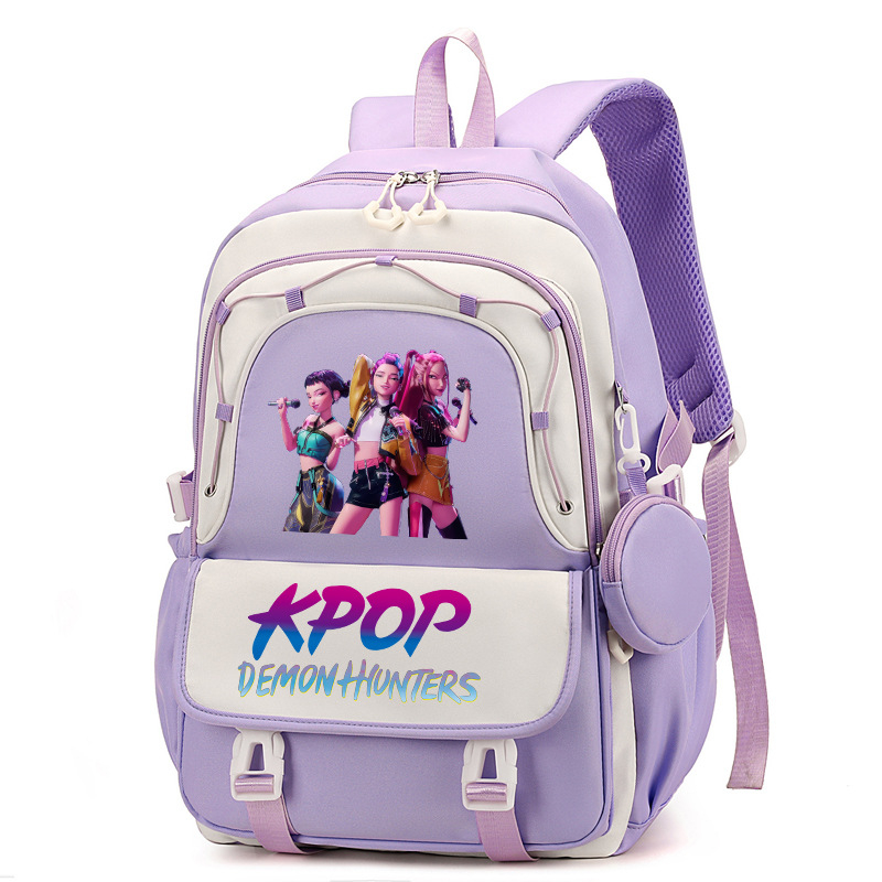 Rucsac cu imprimă grup de fete vânătoare de demoni, versiune coreeană, capac mare pentru școală, material Oxford, căptușeală nylon, închidere cu fermoar, buzunar laptop, buzunar aparat foto