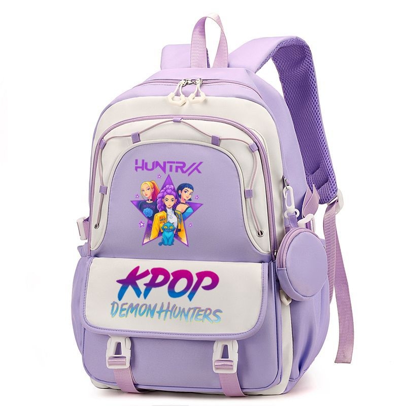 Rucsac cu imprimă grup de fete vânătoare de demoni, versiune coreeană, capac mare pentru școală, material Oxford, căptușeală nylon, închidere cu fermoar, buzunar laptop, buzunar aparat foto
