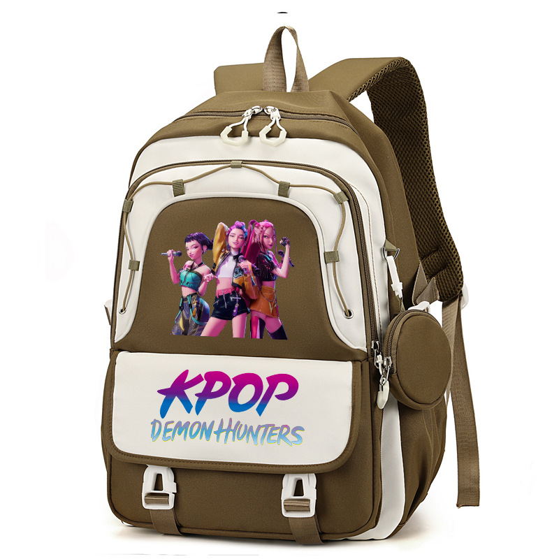 Rucsac cu imprimă grup de fete vânătoare de demoni, versiune coreeană, capac mare pentru școală, material Oxford, căptușeală nylon, închidere cu fermoar, buzunar laptop, buzunar aparat foto
