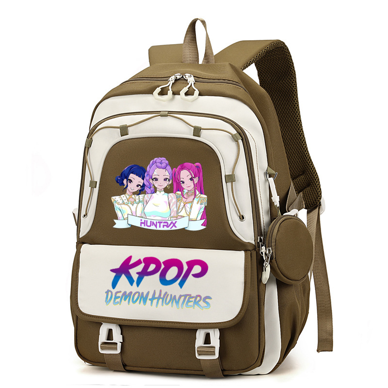 Rucsac cu imprimă grup de fete vânătoare de demoni, versiune coreeană, capac mare pentru școală, material Oxford, căptușeală nylon, închidere cu fermoar, buzunar laptop, buzunar aparat foto