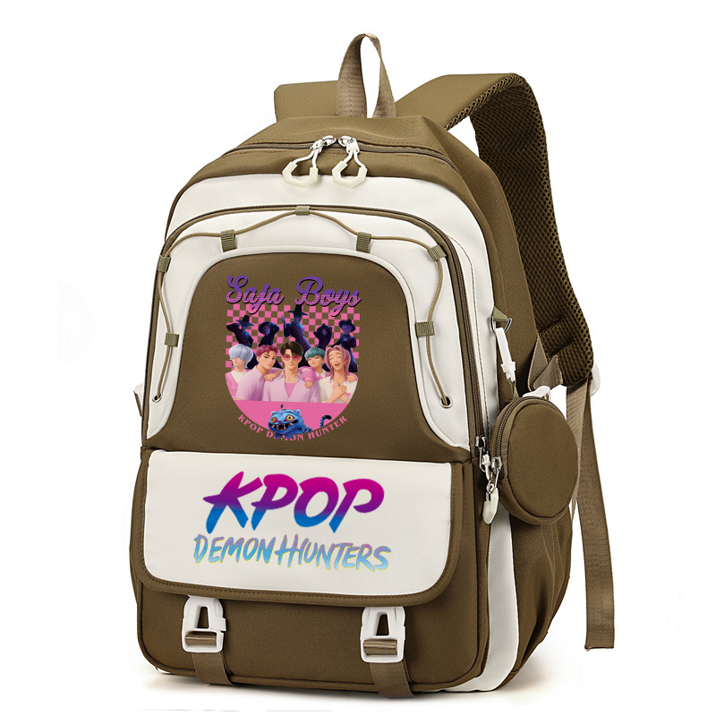 Rucsac cu imprimă grup de fete vânătoare de demoni, versiune coreeană, capac mare pentru școală, material Oxford, căptușeală nylon, închidere cu fermoar, buzunar laptop, buzunar aparat foto