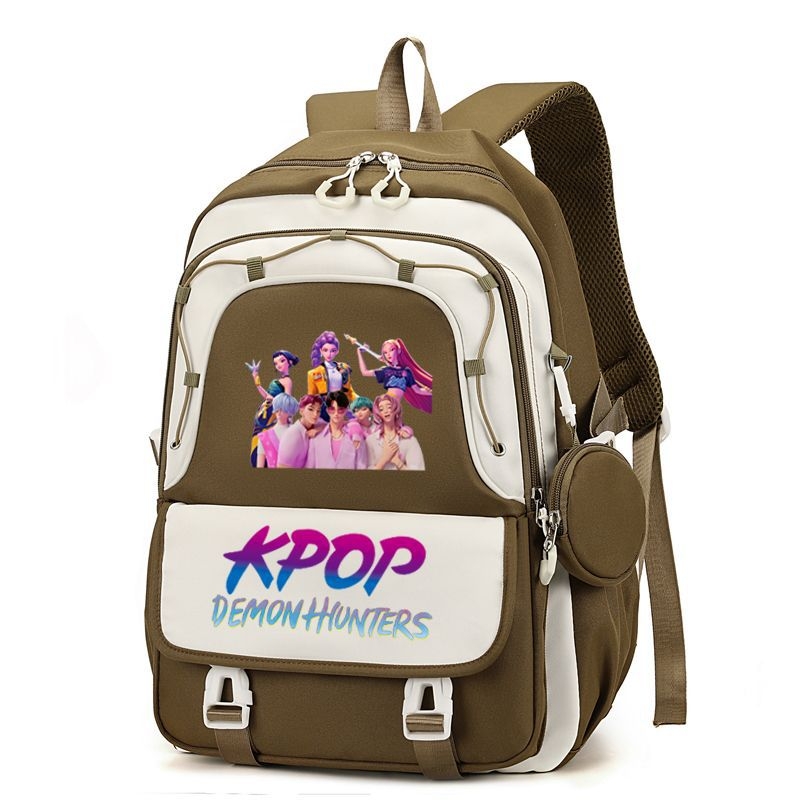 Rucsac cu imprimă grup de fete vânătoare de demoni, versiune coreeană, capac mare pentru școală, material Oxford, căptușeală nylon, închidere cu fermoar, buzunar laptop, buzunar aparat foto