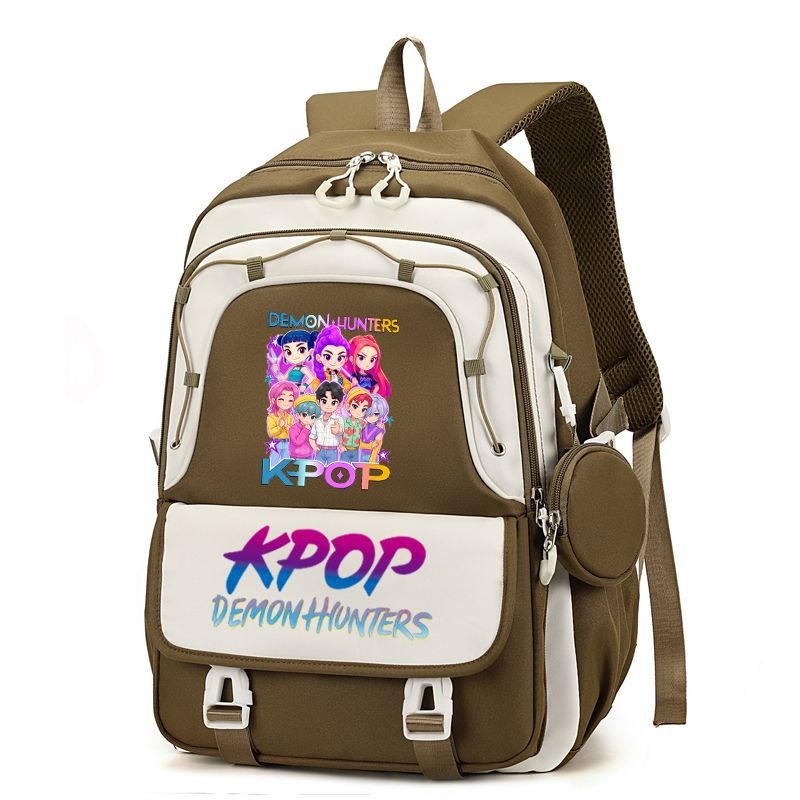 Rucsac cu imprimă grup de fete vânătoare de demoni, versiune coreeană, capac mare pentru școală, material Oxford, căptușeală nylon, închidere cu fermoar, buzunar laptop, buzunar aparat foto