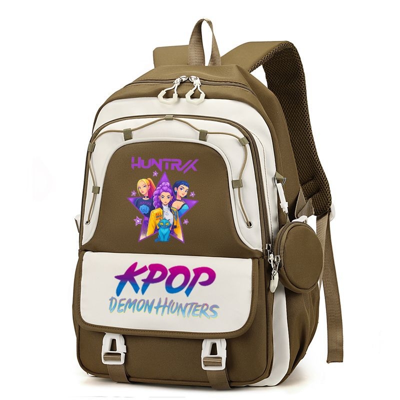 Rucsac cu imprimă grup de fete vânătoare de demoni, versiune coreeană, capac mare pentru școală, material Oxford, căptușeală nylon, închidere cu fermoar, buzunar laptop, buzunar aparat foto