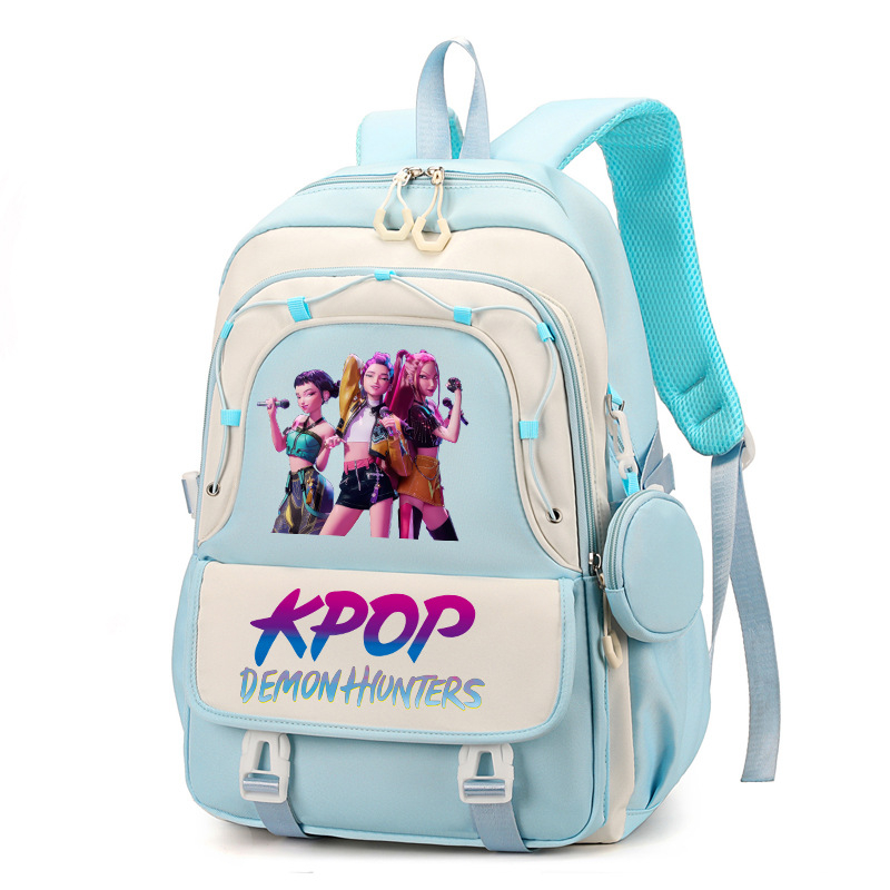 Rucsac cu imprimă grup de fete vânătoare de demoni, versiune coreeană, capac mare pentru școală, material Oxford, căptușeală nylon, închidere cu fermoar, buzunar laptop, buzunar aparat foto