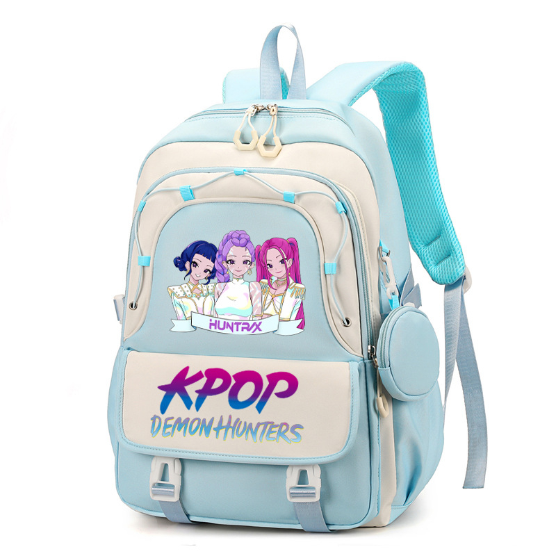Rucsac cu imprimă grup de fete vânătoare de demoni, versiune coreeană, capac mare pentru școală, material Oxford, căptușeală nylon, închidere cu fermoar, buzunar laptop, buzunar aparat foto