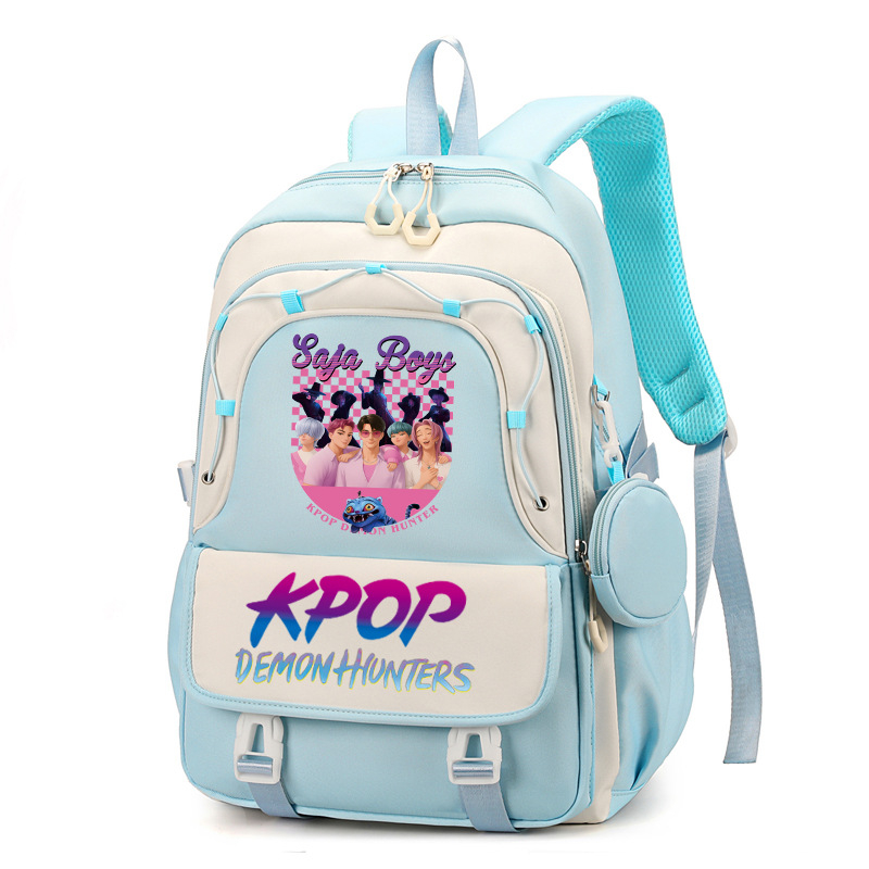 Rucsac cu imprimă grup de fete vânătoare de demoni, versiune coreeană, capac mare pentru școală, material Oxford, căptușeală nylon, închidere cu fermoar, buzunar laptop, buzunar aparat foto