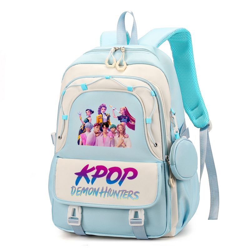 Rucsac cu imprimă grup de fete vânătoare de demoni, versiune coreeană, capac mare pentru școală, material Oxford, căptușeală nylon, închidere cu fermoar, buzunar laptop, buzunar aparat foto