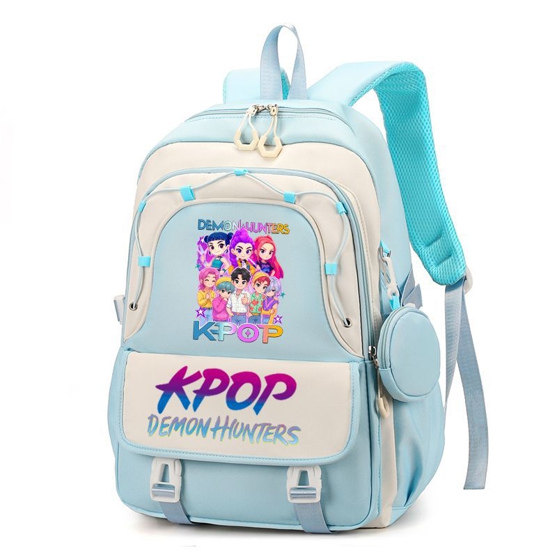 Rucsac cu imprimă grup de fete vânătoare de demoni, versiune coreeană, capac mare pentru școală, material Oxford, căptușeală nylon, închidere cu fermoar, buzunar laptop, buzunar aparat foto