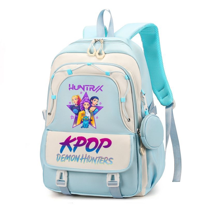 Rucsac cu imprimă grup de fete vânătoare de demoni, versiune coreeană, capac mare pentru școală, material Oxford, căptușeală nylon, închidere cu fermoar, buzunar laptop, buzunar aparat foto
