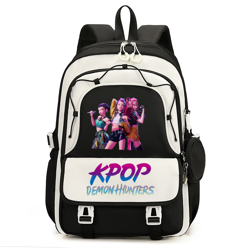 Rucsac cu imprimă grup de fete vânătoare de demoni, versiune coreeană, capac mare pentru școală, material Oxford, căptușeală nylon, închidere cu fermoar, buzunar laptop, buzunar aparat foto