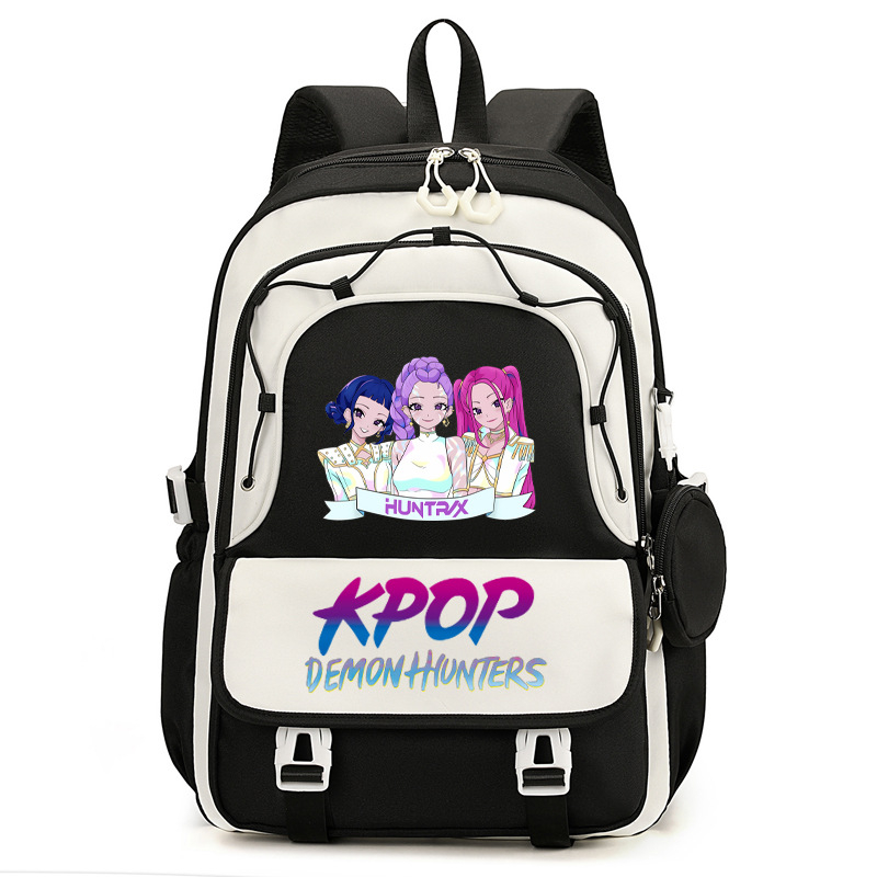 Rucsac cu imprimă grup de fete vânătoare de demoni, versiune coreeană, capac mare pentru școală, material Oxford, căptușeală nylon, închidere cu fermoar, buzunar laptop, buzunar aparat foto