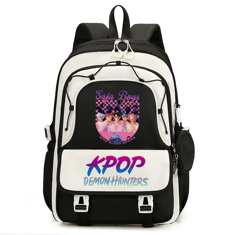Rucsac cu imprimă grup de fete vânătoare de demoni, versiune coreeană, capac mare pentru școală, material Oxford, căptușeală nylon, închidere cu fermoar, buzunar laptop, buzunar aparat foto