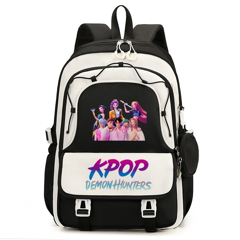 Rucsac cu imprimă grup de fete vânătoare de demoni, versiune coreeană, capac mare pentru școală, material Oxford, căptușeală nylon, închidere cu fermoar, buzunar laptop, buzunar aparat foto