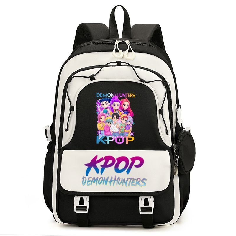 Rucsac cu imprimă grup de fete vânătoare de demoni, versiune coreeană, capac mare pentru școală, material Oxford, căptușeală nylon, închidere cu fermoar, buzunar laptop, buzunar aparat foto