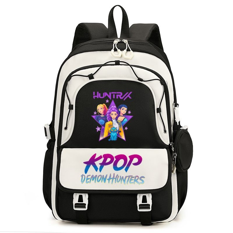 Rucsac cu imprimă grup de fete vânătoare de demoni, versiune coreeană, capac mare pentru școală, material Oxford, căptușeală nylon, închidere cu fermoar, buzunar laptop, buzunar aparat foto