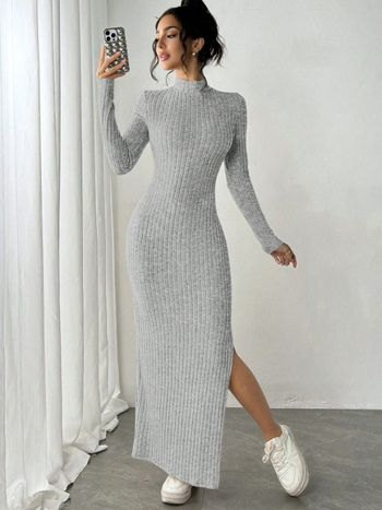 Elegantne bodycon kleit pikkade varrukatega, pikk seelik, kõrge vöökoht, kootud polüesteri kangas