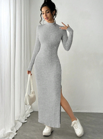 Elegantne bodycon kleit pikkade varrukatega, pikk seelik, kõrge vöökoht, kootud polüesteri kangas