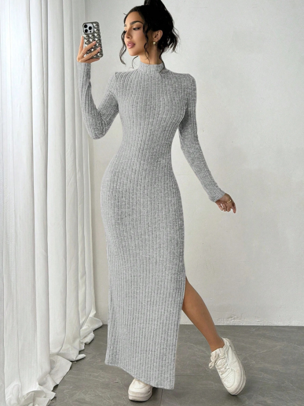 Elegantne bodycon kleit pikkade varrukatega, pikk seelik, kõrge vöökoht, kootud polüesteri kangas