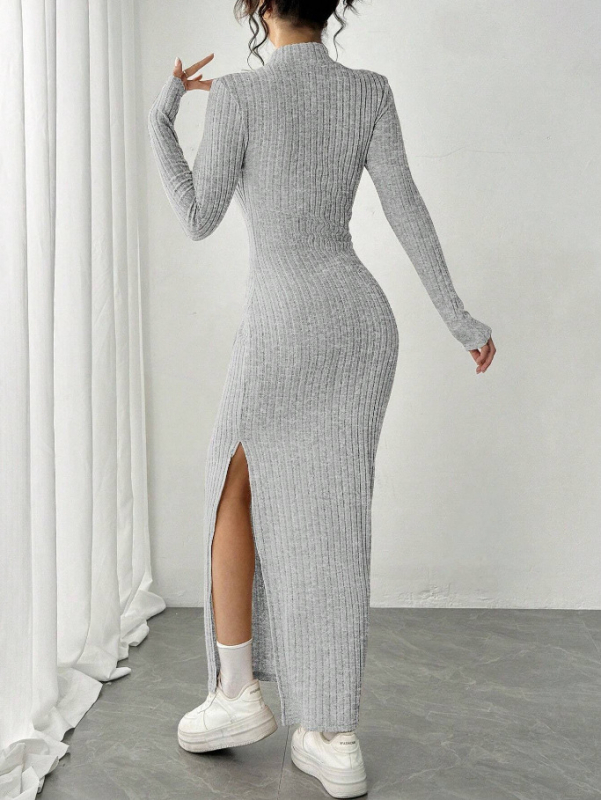 Elegantne bodycon kleit pikkade varrukatega, pikk seelik, kõrge vöökoht, kootud polüesteri kangas