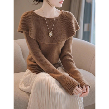 Sügisel 2024 prantsuse stiilis kootud kampsun lotuselehe-kaelaga, vaba lõige, pikad varrukad, polüestri kiud 95%+