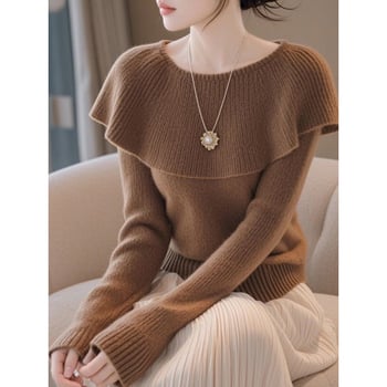 Sügisel 2024 prantsuse stiilis kootud kampsun lotuselehe-kaelaga, vaba lõige, pikad varrukad, polüestri kiud 95%+