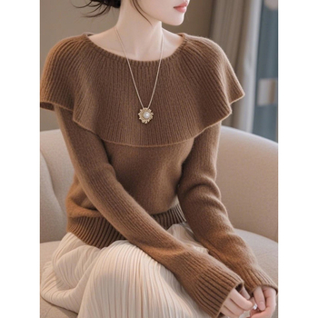 Sügisel 2024 prantsuse stiilis kootud kampsun lotuselehe-kaelaga, vaba lõige, pikad varrukad, polüestri kiud 95%+