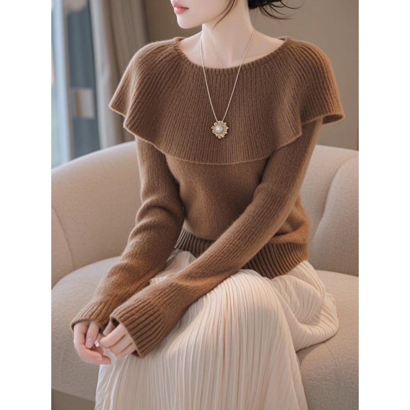 Sügisel 2024 prantsuse stiilis kootud kampsun lotuselehe-kaelaga, vaba lõige, pikad varrukad, polüestri kiud 95%+