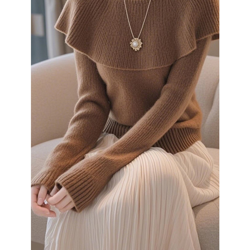 Sügisel 2024 prantsuse stiilis kootud kampsun lotuselehe-kaelaga, vaba lõige, pikad varrukad, polüestri kiud 95%+