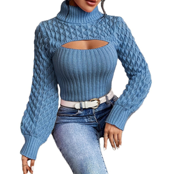 Naiste akrüülist kootud džemper koos rever-kaelusega, laterna varrukatega, ühevärviline muster, vaba lõige