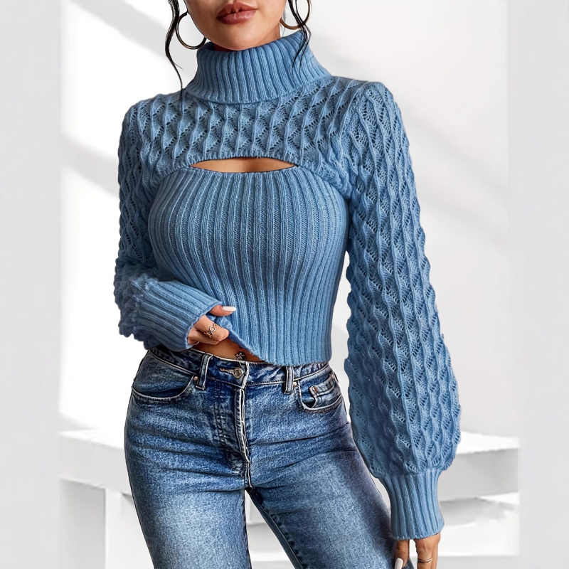 Naiste akrüülist kootud džemper koos rever-kaelusega, laterna varrukatega, ühevärviline muster, vaba lõige