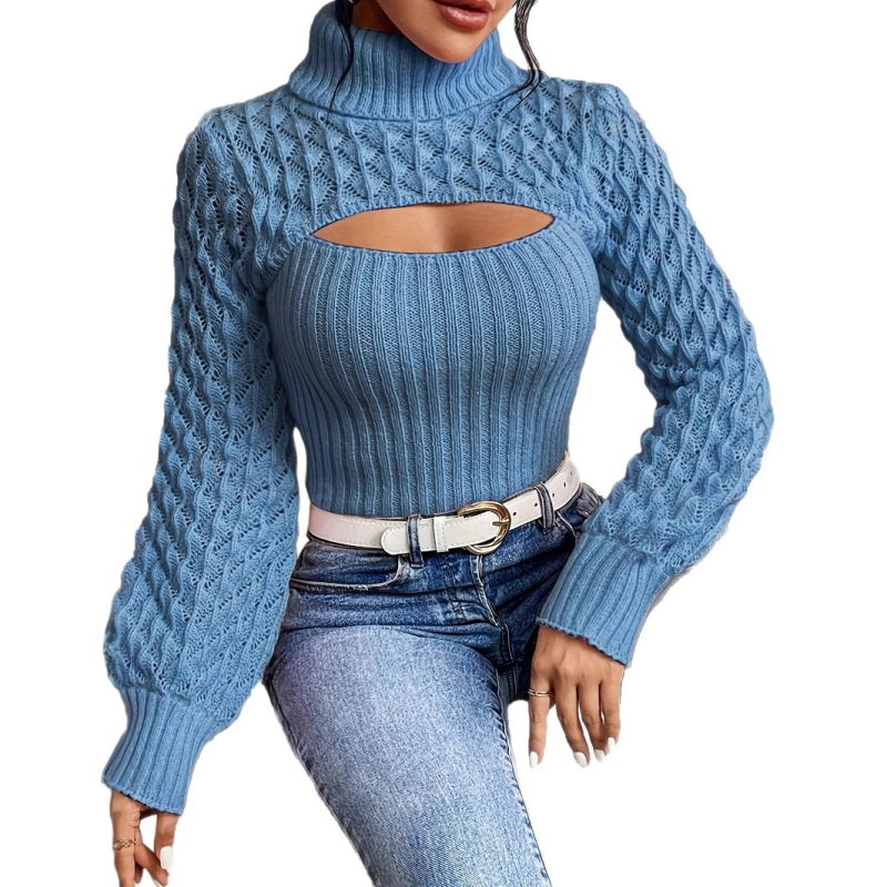 Naiste akrüülist kootud džemper koos rever-kaelusega, laterna varrukatega, ühevärviline muster, vaba lõige