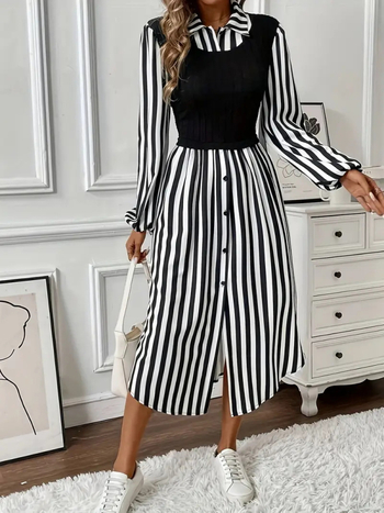 Triibuline särgikleit, lapp-kaelus, pikad varrukad, A-liiniline lõige, polüester