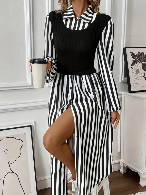 Triibuline särgikleit, lapp-kaelus, pikad varrukad, A-liiniline lõige, polüester