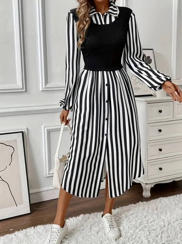 Triibuline särgikleit, lapp-kaelus, pikad varrukad, A-liiniline lõige, polüester