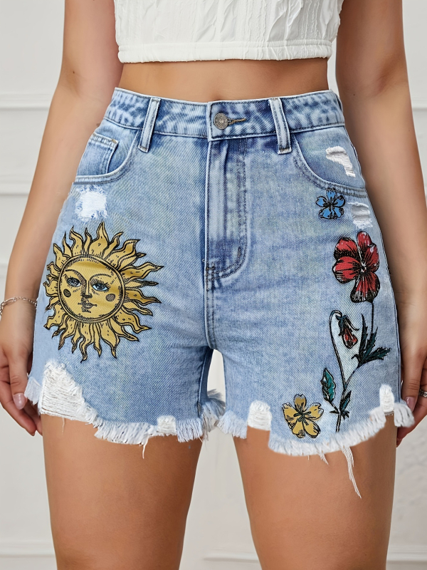 Naiste džinsist lühikesed šortsid kõrge talje, sirge lõige, trükk, ääred (suvi 2024)