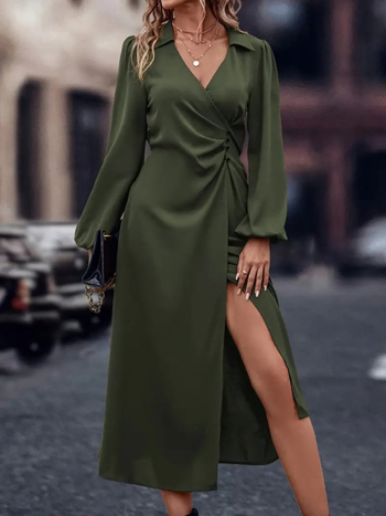 Elegantne põhikleit V-kaeluse, laternvarrukad, keskmise pikkusega, polüester