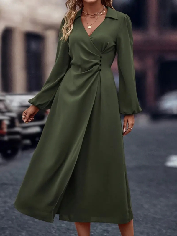 Elegantne põhikleit V-kaeluse, laternvarrukad, keskmise pikkusega, polüester