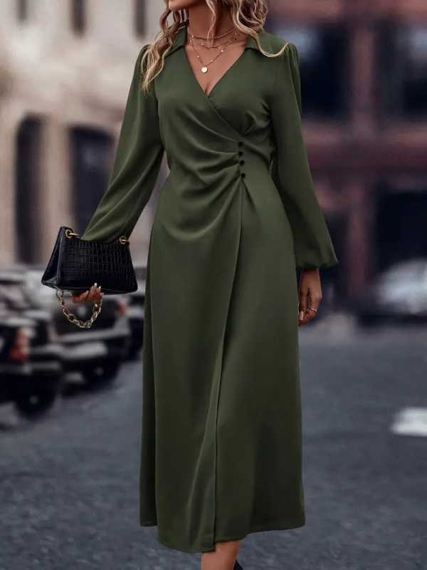 Elegantne põhikleit V-kaeluse, laternvarrukad, keskmise pikkusega, polüester