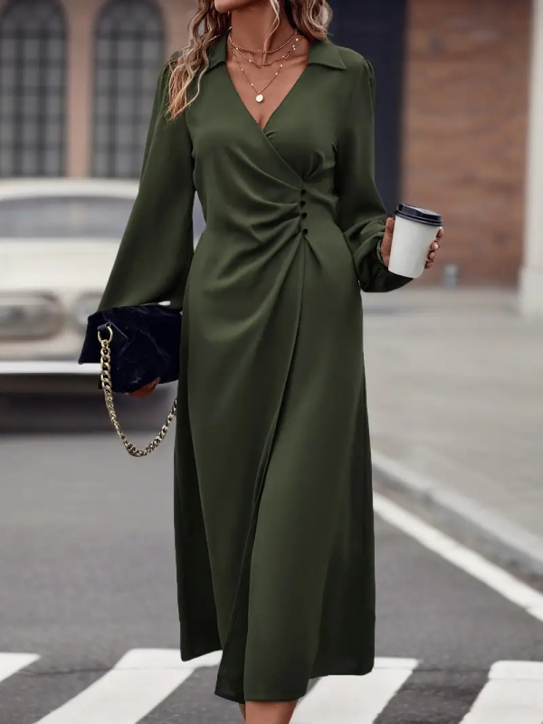 Elegantne põhikleit V-kaeluse, laternvarrukad, keskmise pikkusega, polüester