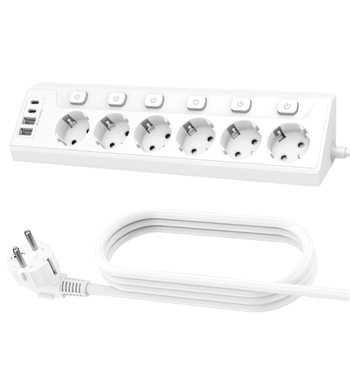 6-zásuvkový európsky rozdeľovač so samostatným vypínačom, model s6+, dĺžka káblu 2 m, 16 A, CE certifikát