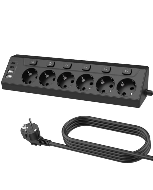 6-zásuvkový európsky rozdeľovač so samostatným vypínačom, model s6+, dĺžka káblu 2 m, 16 A, CE certifikát