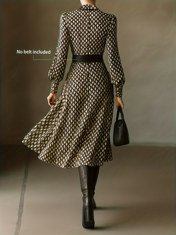 Geomeetrilise mustriga kleit, retro stiil, V-kaelus, laternavarrukad, pikad varrukad, kõrge talje