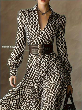 Geomeetrilise mustriga kleit, retro stiil, V-kaelus, laternavarrukad, pikad varrukad, kõrge talje