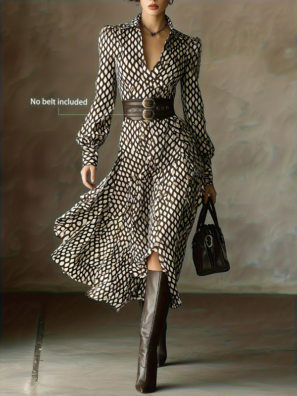 Geomeetrilise mustriga kleit, retro stiil, V-kaelus, laternavarrukad, pikad varrukad, kõrge talje