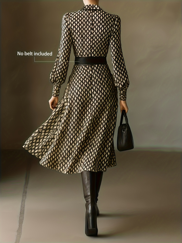 Geomeetrilise mustriga kleit, retro stiil, V-kaelus, laternavarrukad, pikad varrukad, kõrge talje