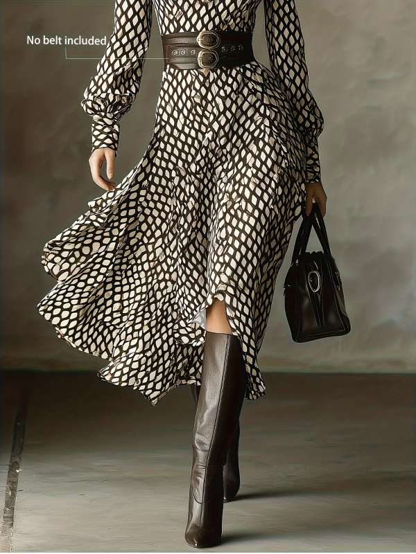 Geomeetrilise mustriga kleit, retro stiil, V-kaelus, laternavarrukad, pikad varrukad, kõrge talje